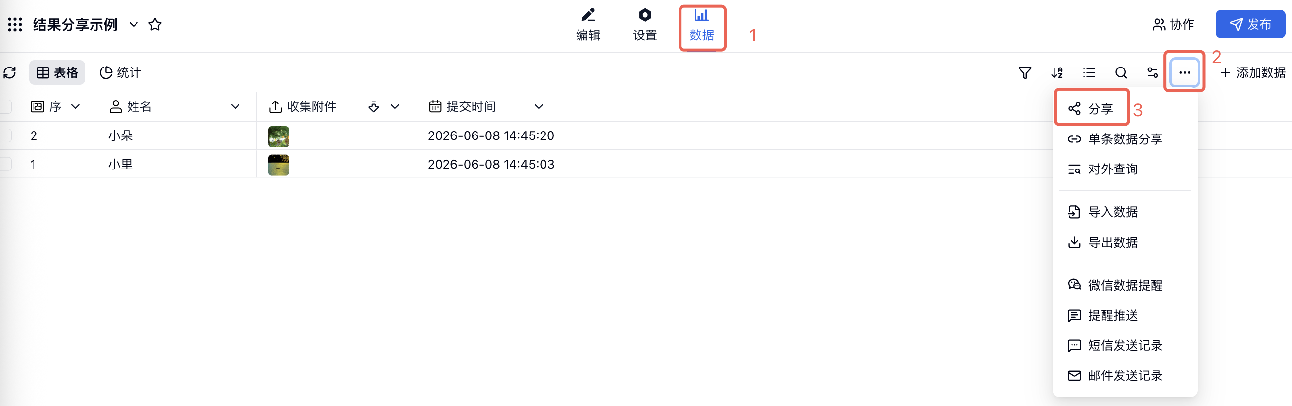 PC|数据|「数据」页面中「...」菜单和「分享」入口红框标注