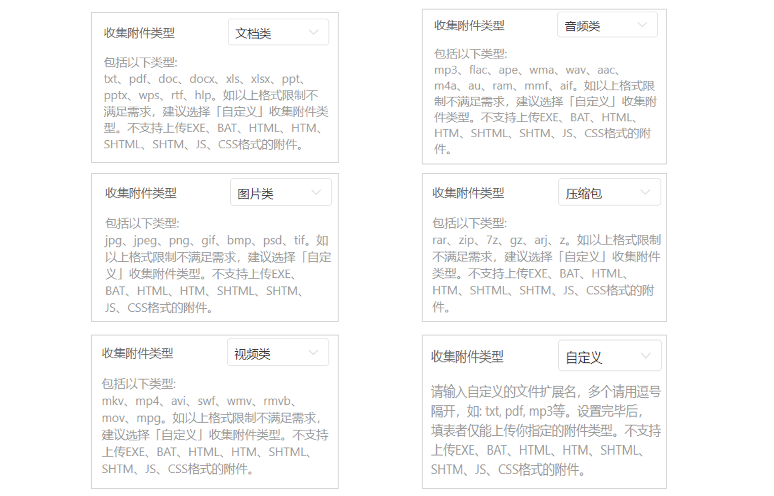 PC|字段|在附件类型设置中勾选所需类型如「文档类」「图片类」限制填写人可上传的附件格式