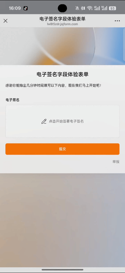 移动端|电子签名|「电子签名字段体验表单」填写页，含电子签名框和橙色「提交」按钮