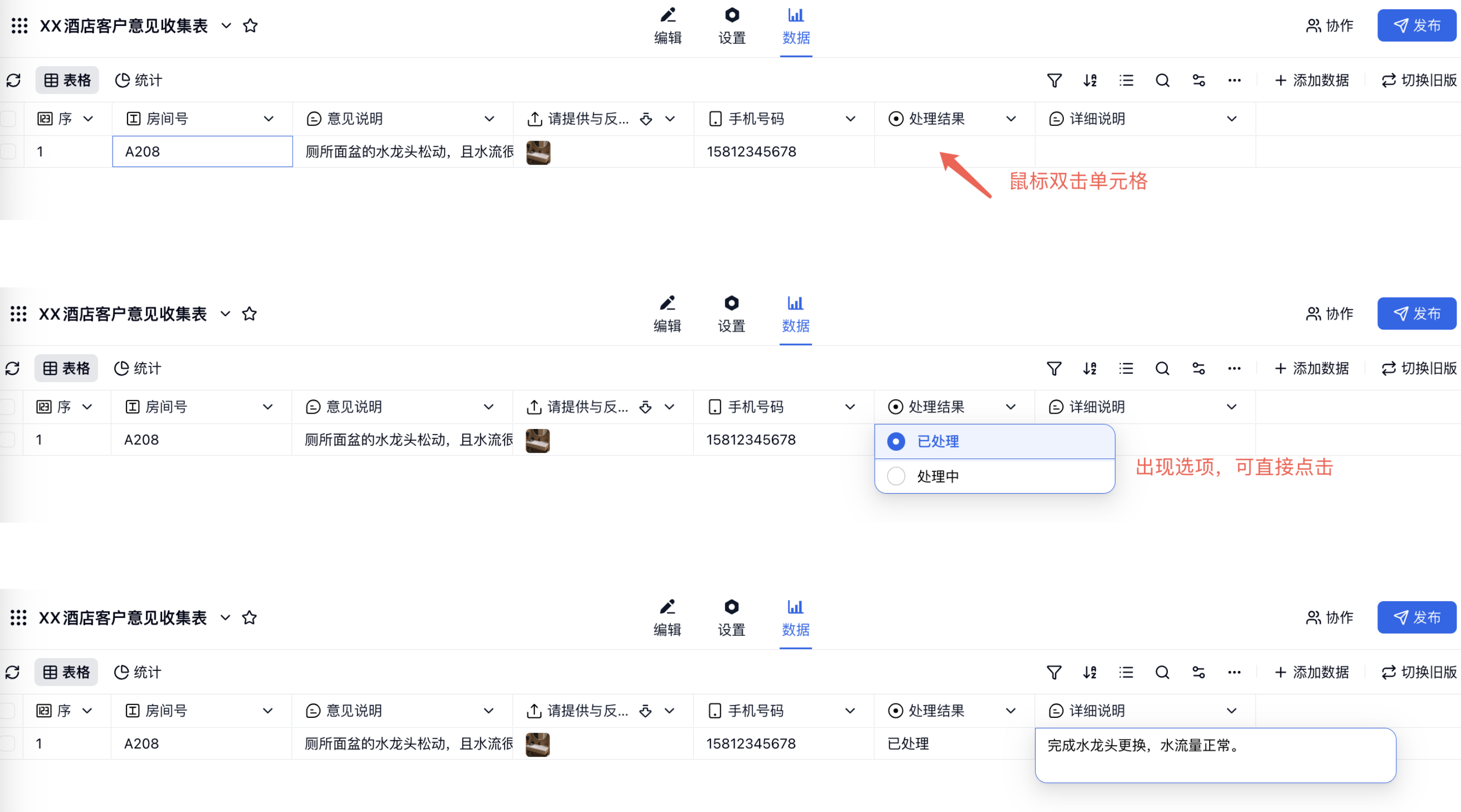 PC|数据|「数据」页面双击「处理结果」和「详细说明」单元格直接编辑内容，红色箭头和文案标注操作位置