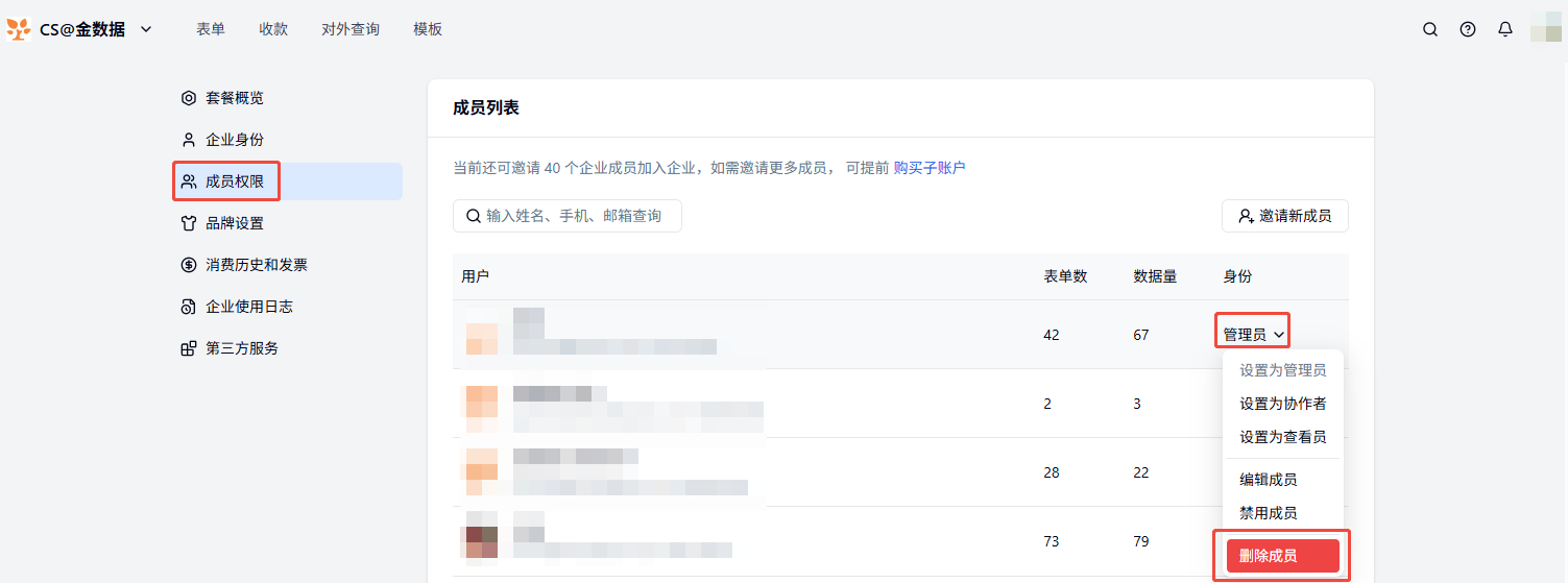 PC|成员管理|成员权限页面成员管理下拉菜单中「删除」成员被红框标注