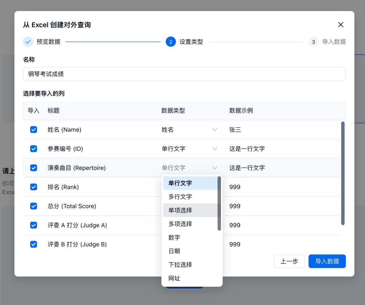 PC|对外查询|从Excel创建对外查询-设置类型页面，设置每列的数据类型（如姓名、单