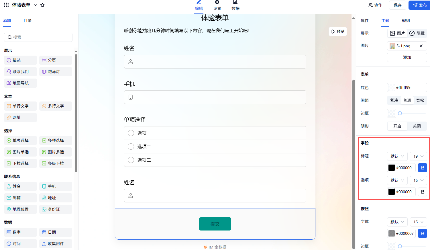 PC|主题|点击右侧「主题——字段」设置字段标题和选项文字大小