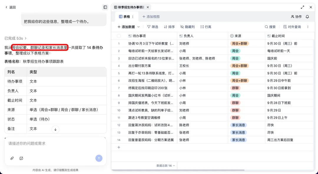 AI 将周会纪要、群聊记录和家长消息整理成待办跟踪表