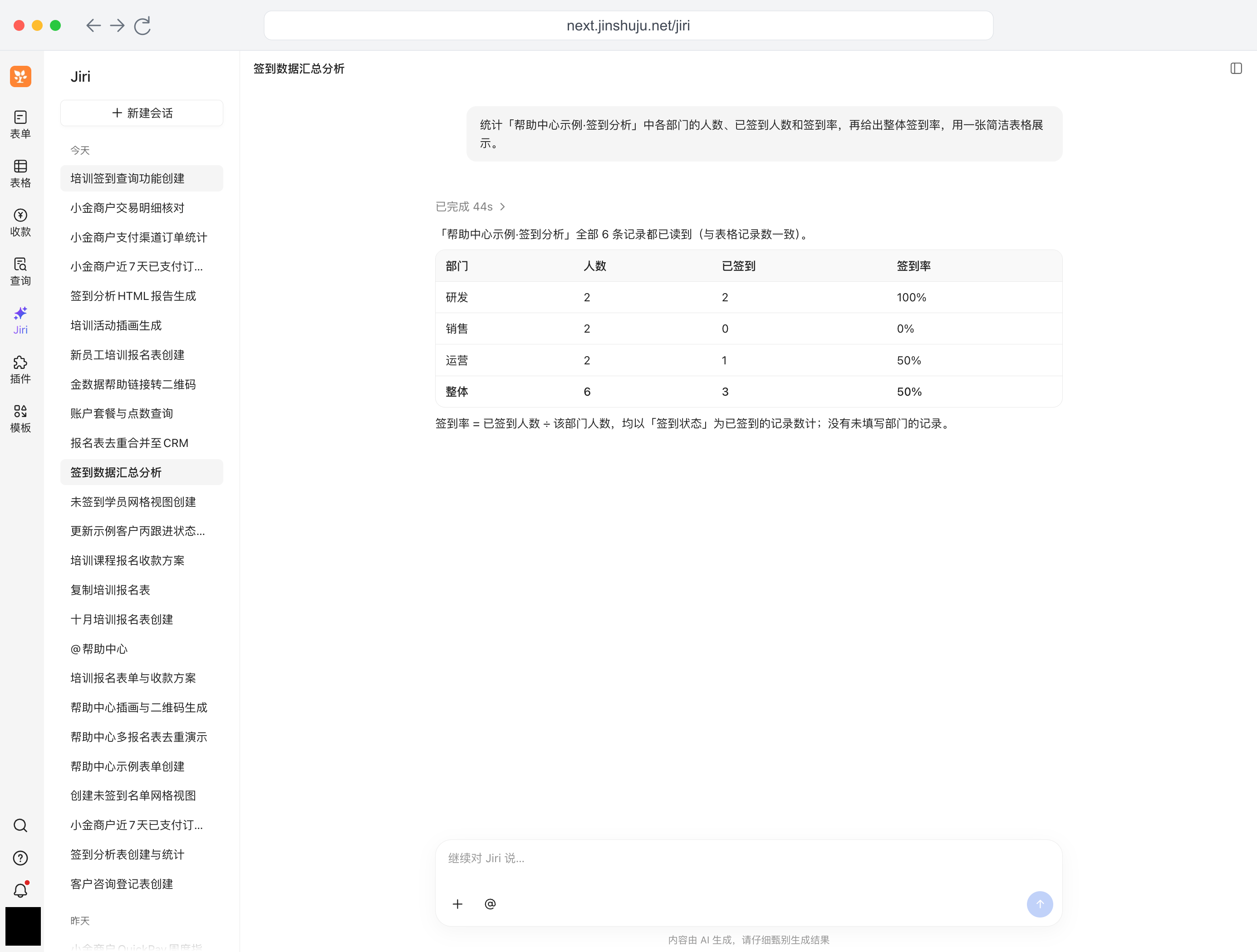 PC|Jiri|完整对话按部门统计 6 条演示培训记录,展示人数、已签到人数、部门签到率和整体签到率,头像已用纯黑色遮盖