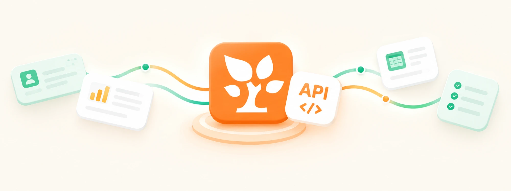 PC|开放平台|金数据 API 开放发布图,中央是金数据 logo 与「API」代码卡片,两侧用橙绿曲线连接联系人、数据报表、表格和清单等卡片
