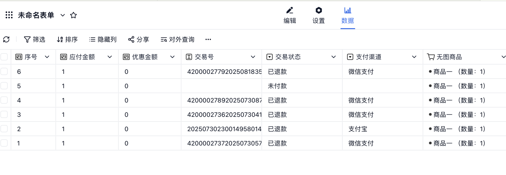 PC|微信收款|表单数据管理页面，表头为未命名表单显示序号、应付金额、优惠金额、交易号