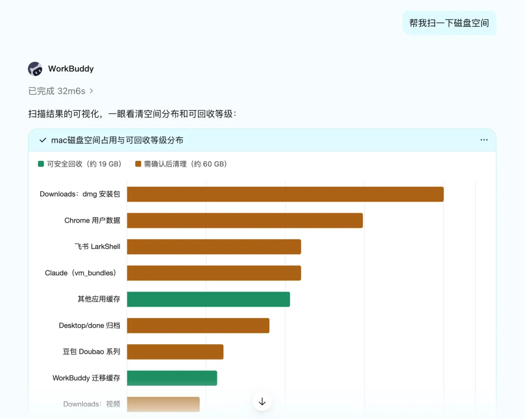 WorkBuddy 使用 Mac 空间清理 Skill 扫描磁盘占用和可回收空间