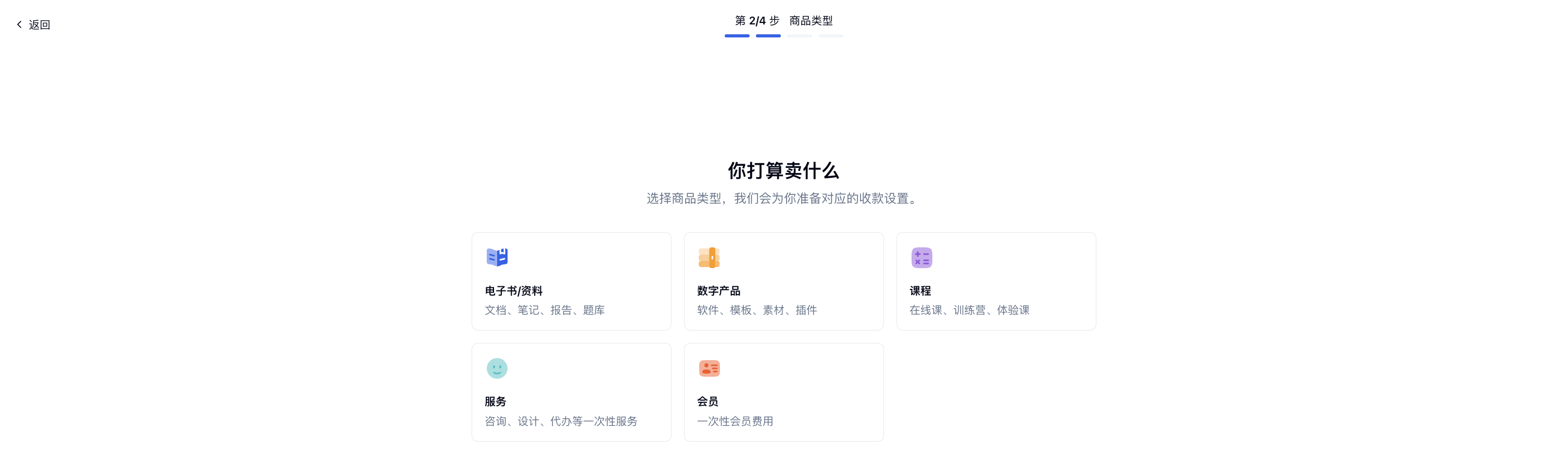 PC|创建收款|第 2 步「商品类型」页面展示「电子书/资料」「数字产品」「课程」「服务」「会员」五种类型