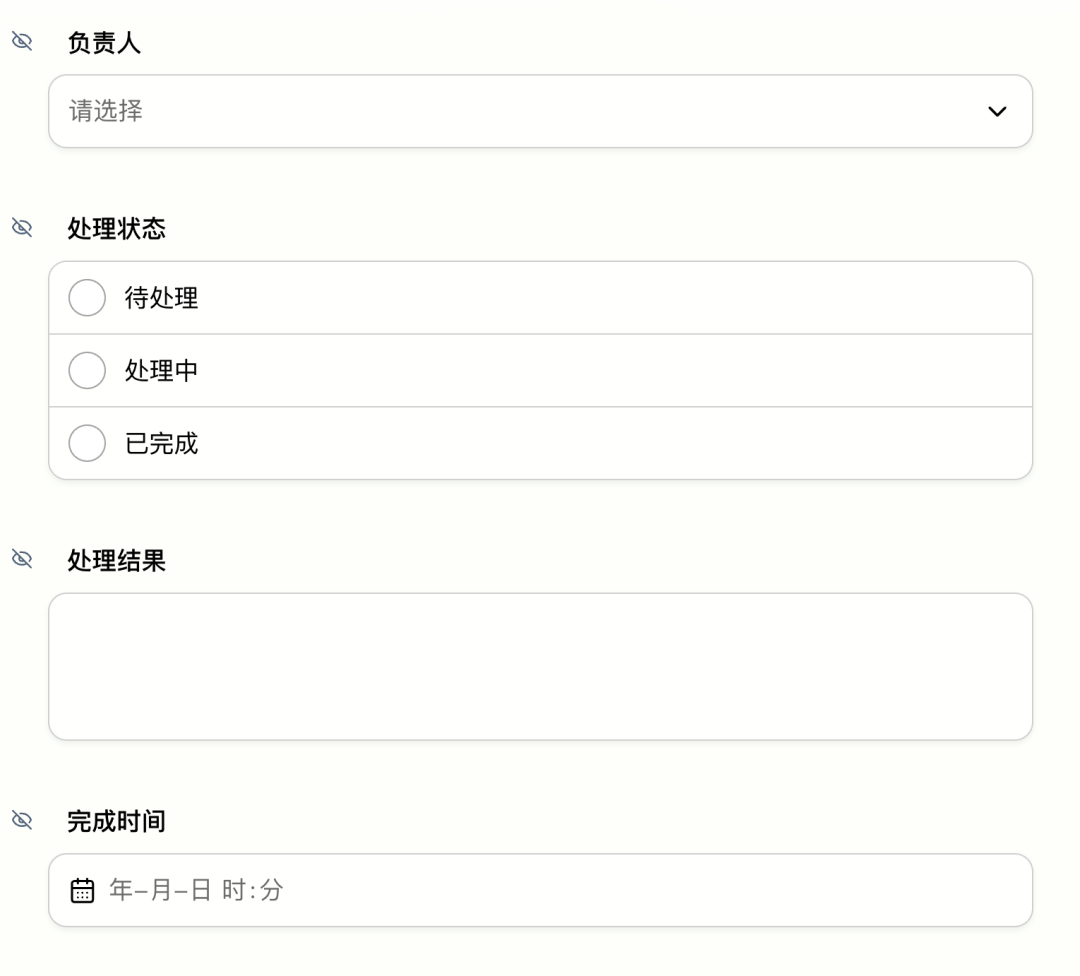 负责人、处理状态、处理结果和完成时间等内部字段对填写者隐藏