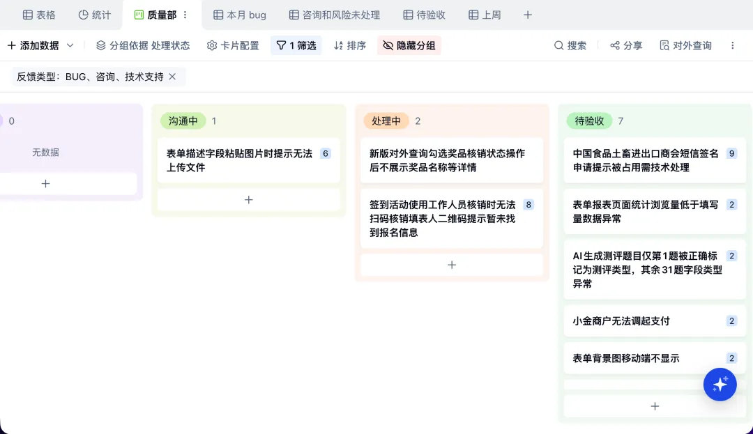 工单按照处理状态显示在看板视图中