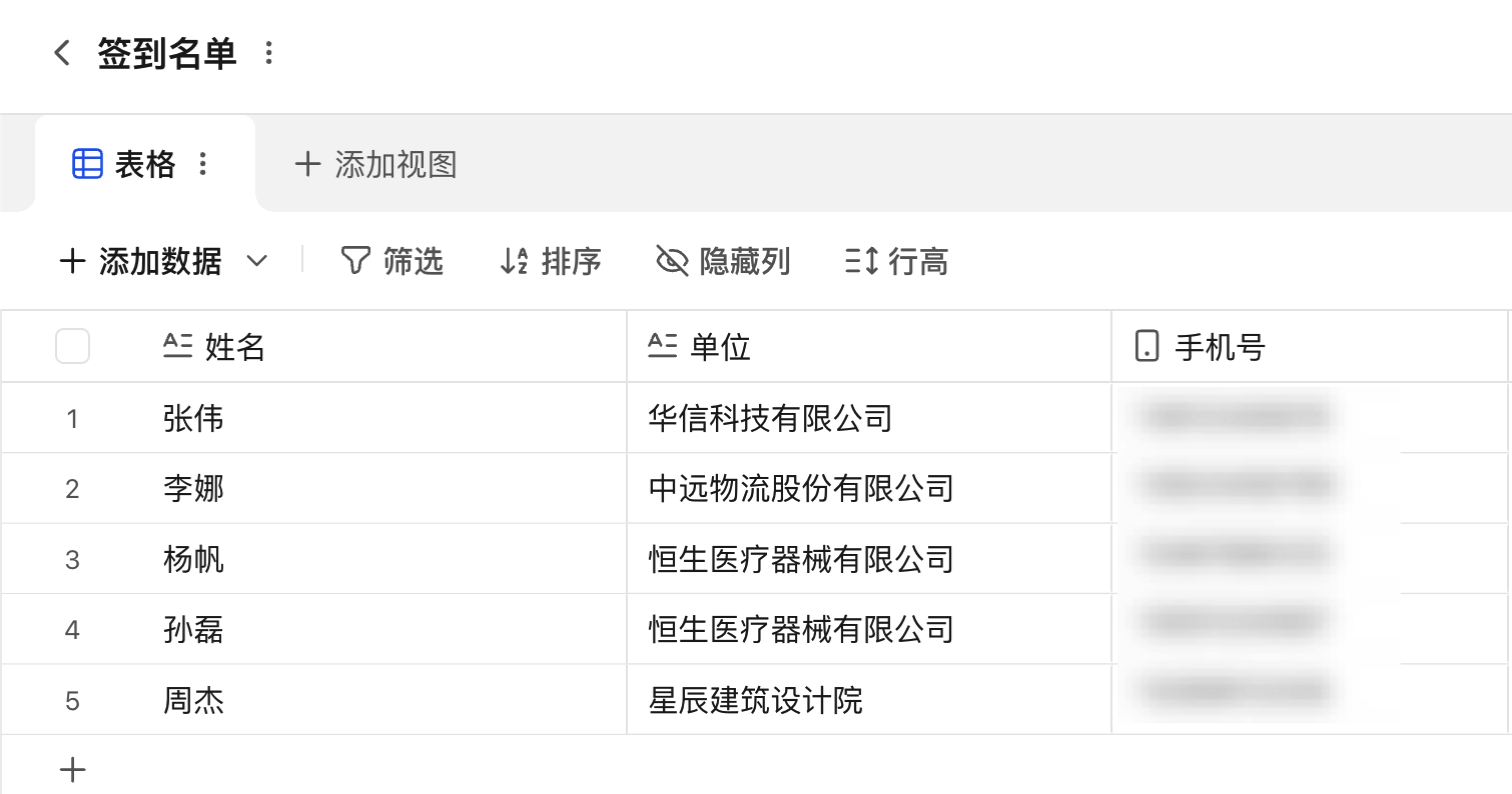 缴费后自动登记生成的签到名单,包含姓名、单位和手机号
