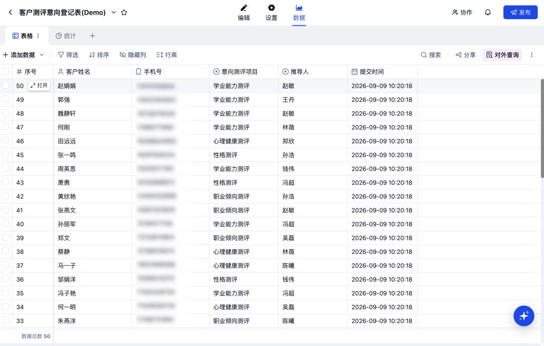 测评客户数据汇总在同一张表中，每条记录自动带有推荐人字段