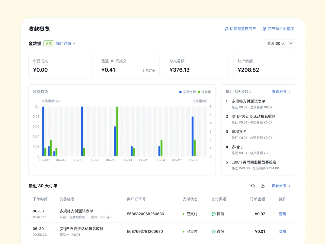 在金数据收款概览中查看交易趋势和最近订单