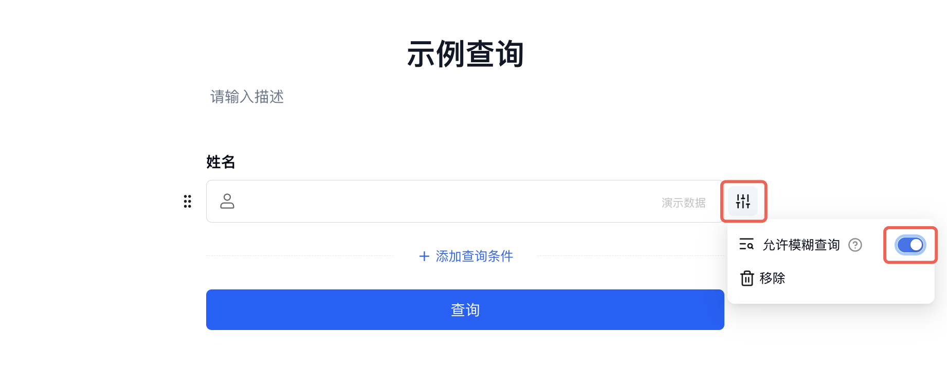 PC|对外查询|示例查询页面打开姓名查询条件设置，红框标注已开启的「允许模糊查询」开关