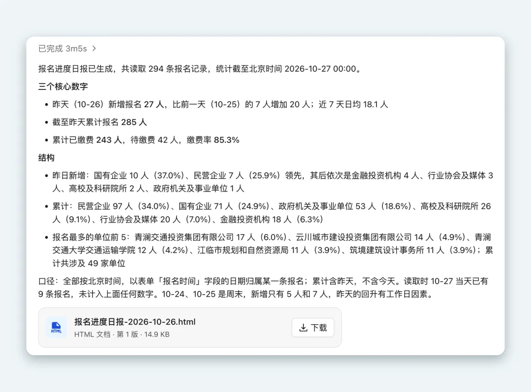 Jiri 生成报名进度日报并附带可下载的 HTML 汇报网页