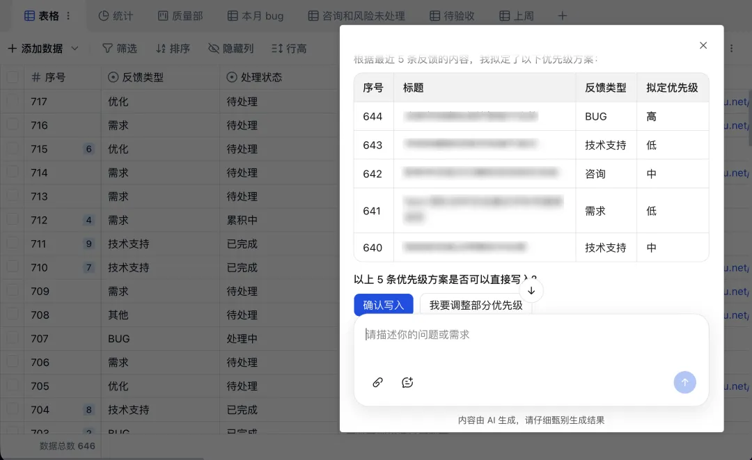 Agent 根据反馈内容拟定优先级并准备写回表格