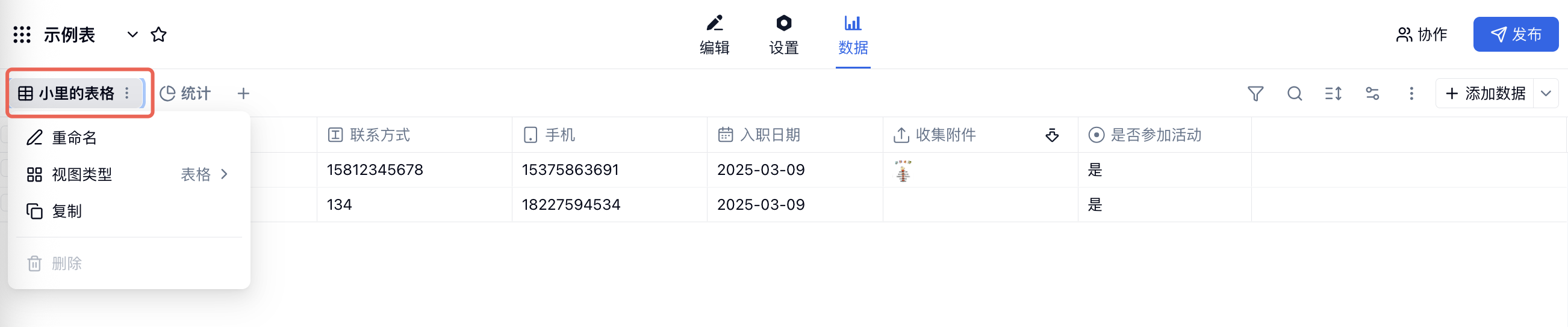 PC|数据|视图标签「小里的表格」菜单展开,红框标注视图名称和更多操作入口