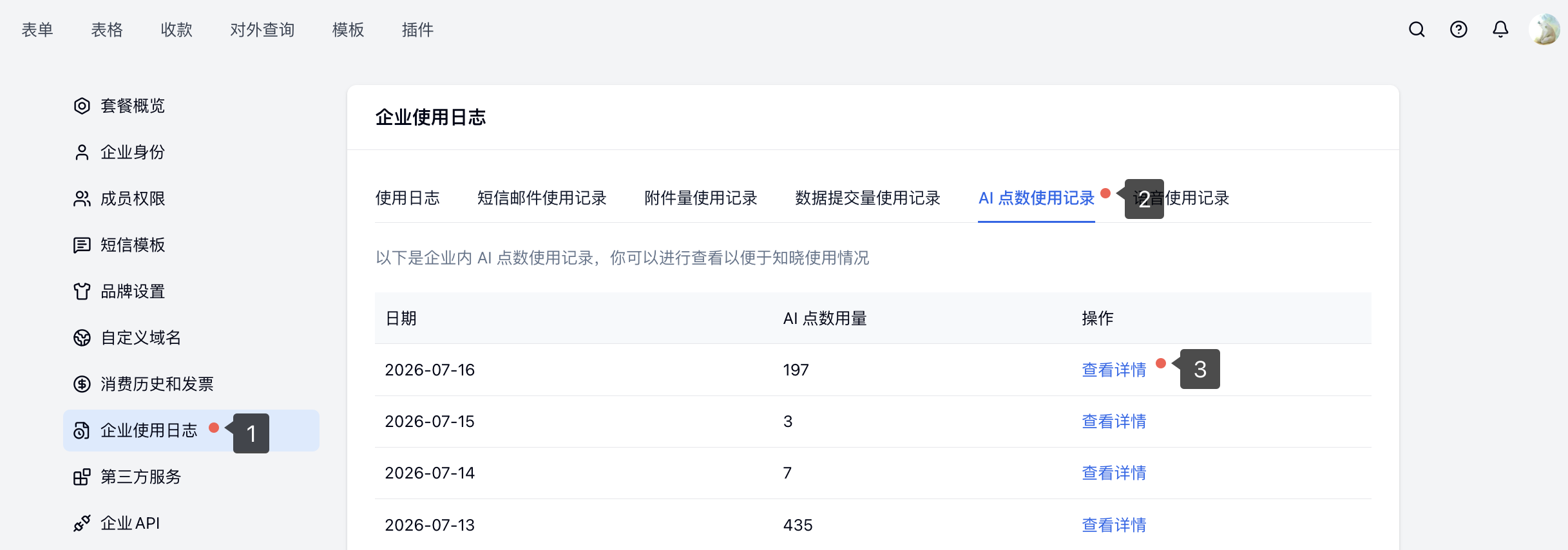 PC|企业使用日志|「AI 点数使用记录」页标注「企业使用日志」「AI 点数使用记录」和「查看详情」入口