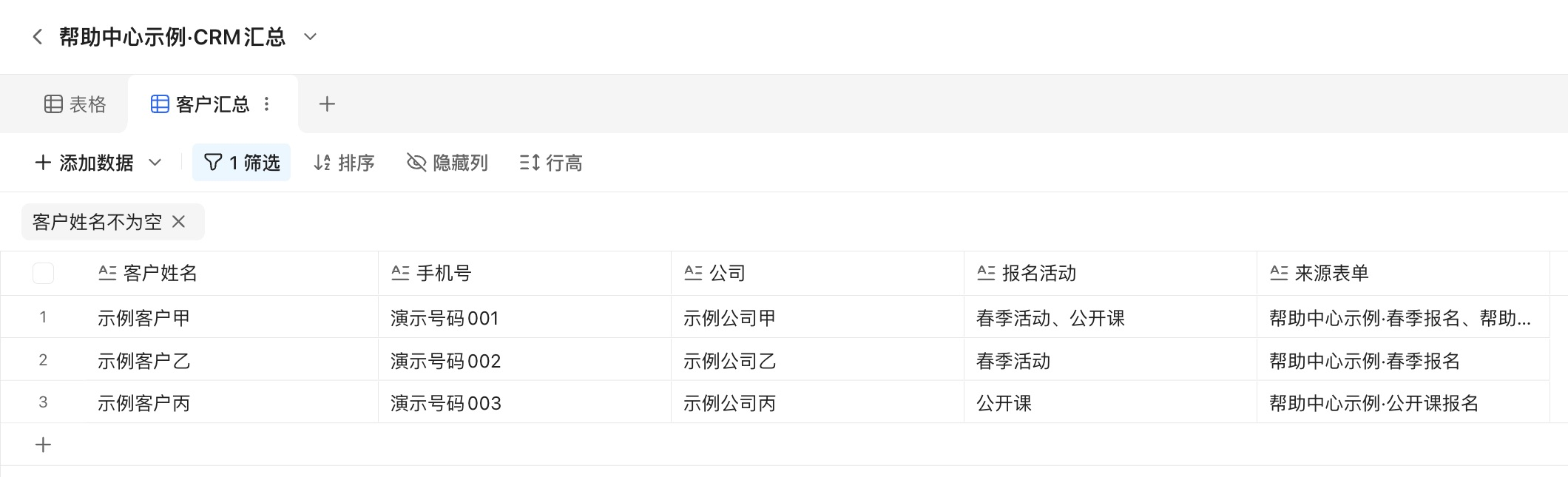 PC|表格|CRM「客户汇总」视图展示 3 位虚构客户,重复客户合并保留春季活动和公开课报名信息