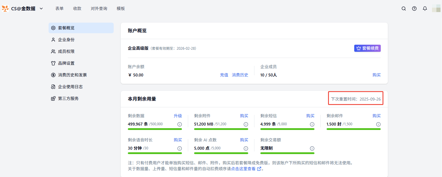 PC|账户概览|在套餐概览页面下方查看「本月剩余用量」和「用量重置时间」