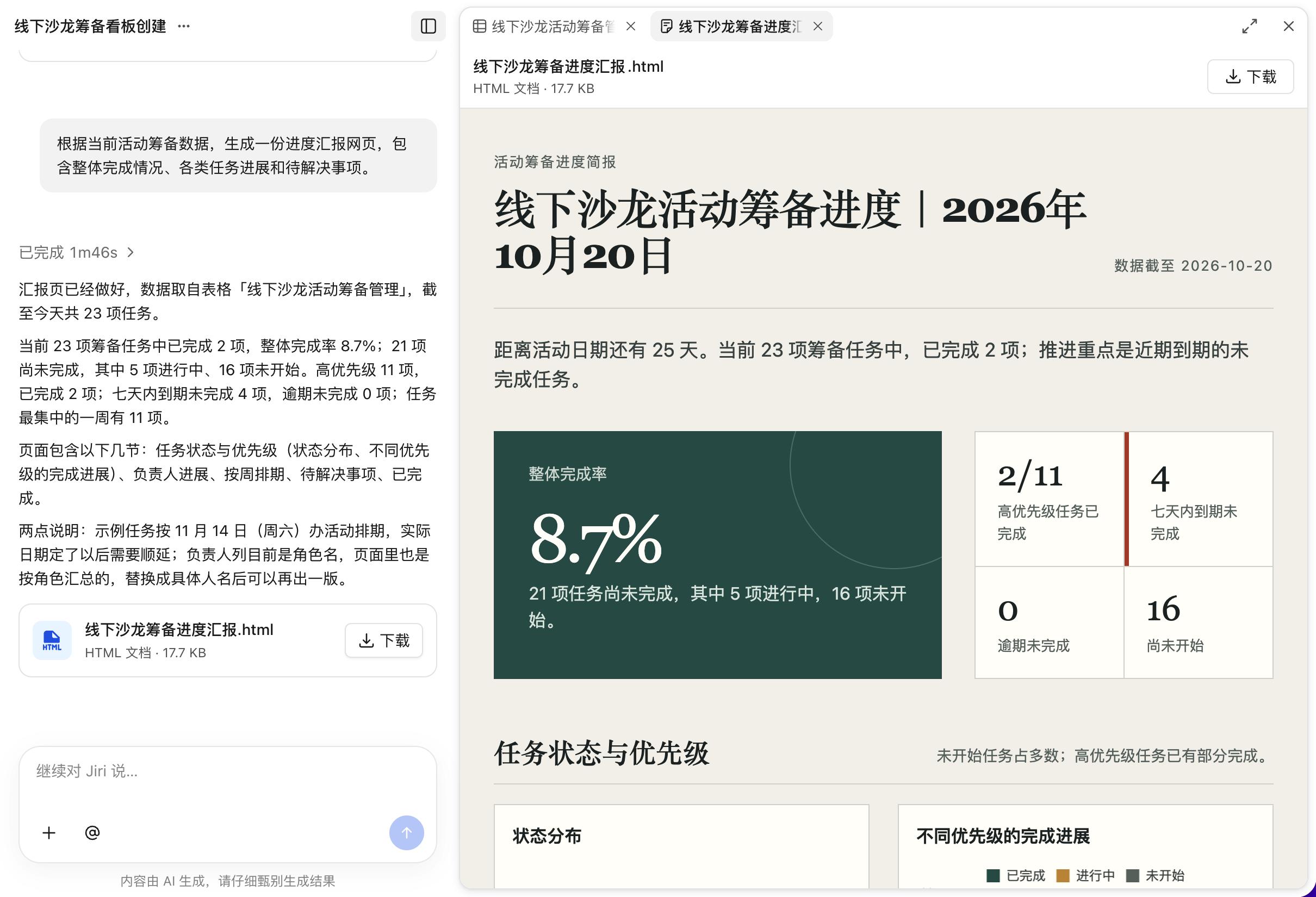 Jiri 根据活动筹备数据生成进度汇报网页