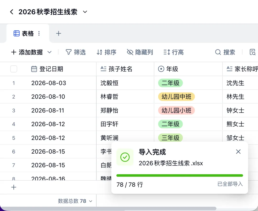 将招生线索 Excel 导入金数据表格后显示导入完成
