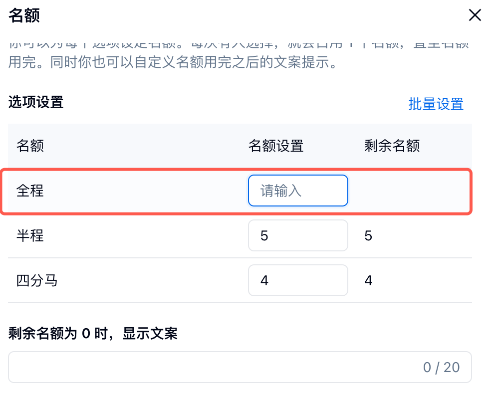 PC|选项名额|在名额设置表格中输入每个选项的名额数量并保存以完成修改