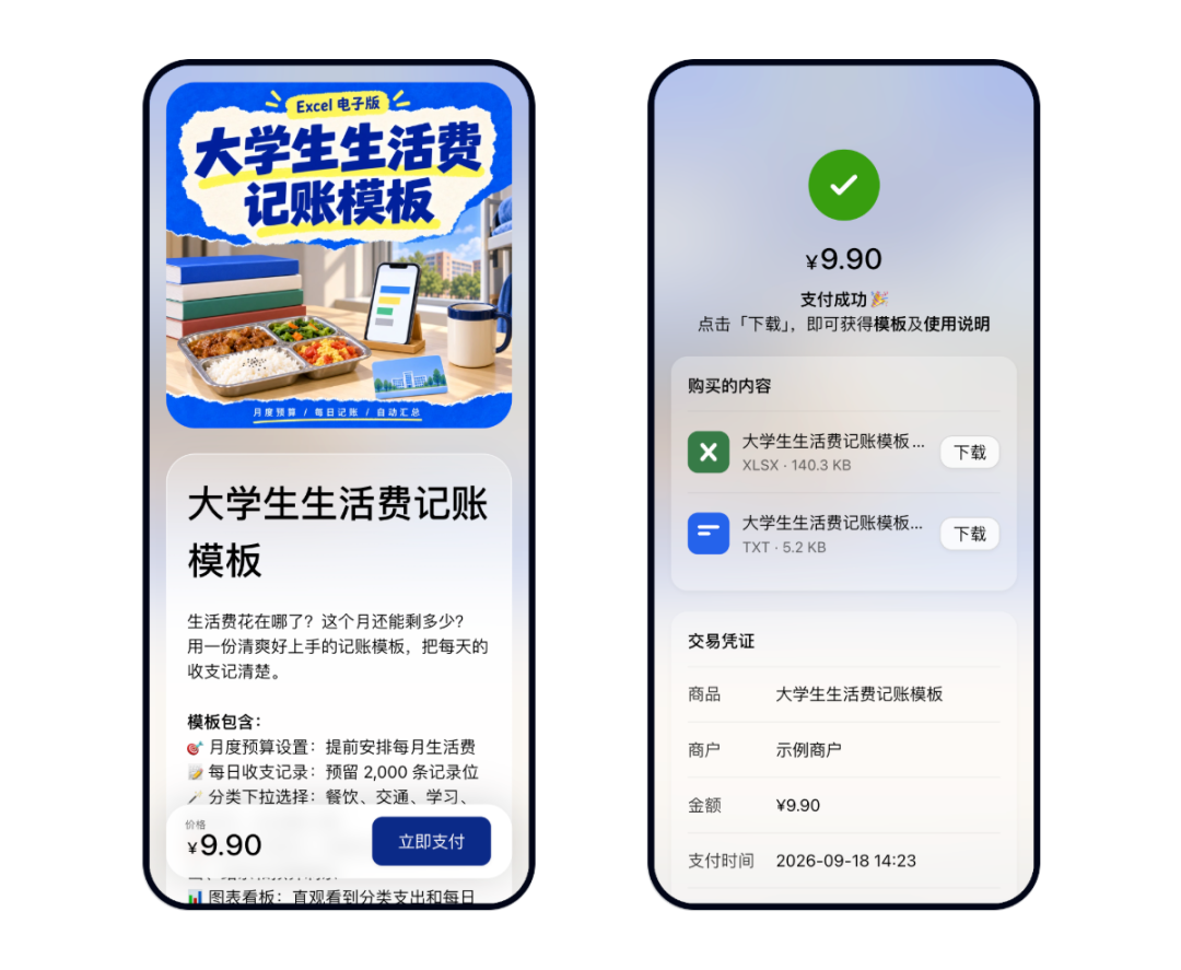 买家付款成功后在手机页面下载模板文件和使用说明