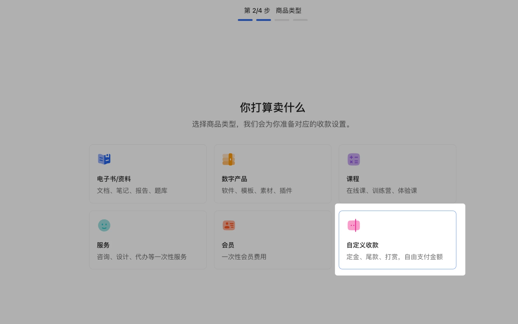 PC|创建收款|第 2 步「商品类型」页面展示六种商品类型，红框标注「自定义收款 · 定金、尾款、打赏，自由支付金额」