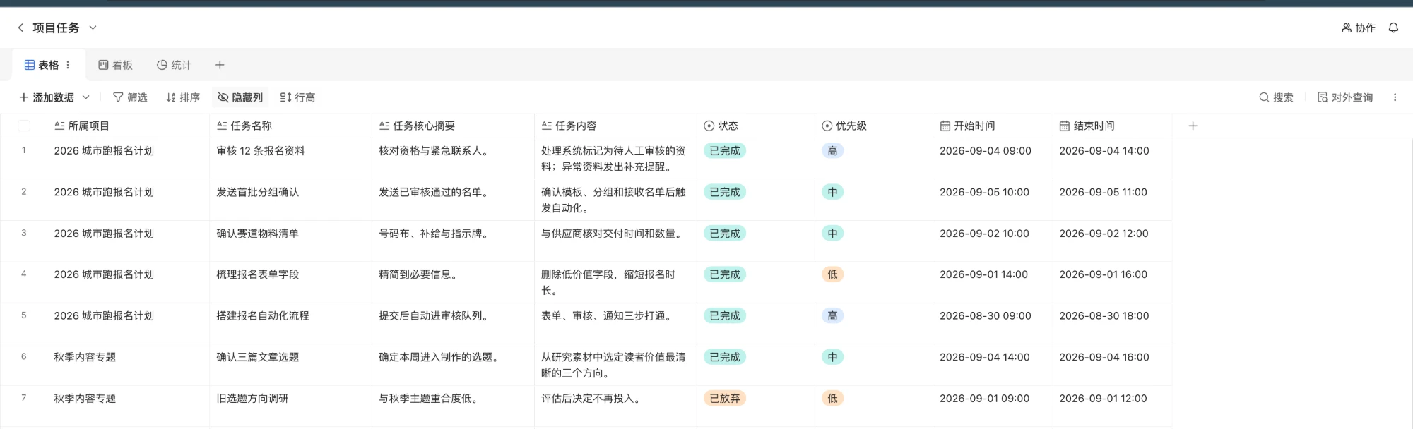 PC|表格|「项目任务」表格页面,视图栏显示「表格」「看板」「统计」三个视图标签和「+」,下方工具栏为「添加数据」「筛选」「排序」「隐藏列」「行高」,右侧为「搜索」「对外查询」