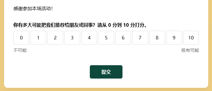 PC|URL传参|NPS净推荐值评分表单标题为感谢参加本场活动问题为你有多大可能把我们推