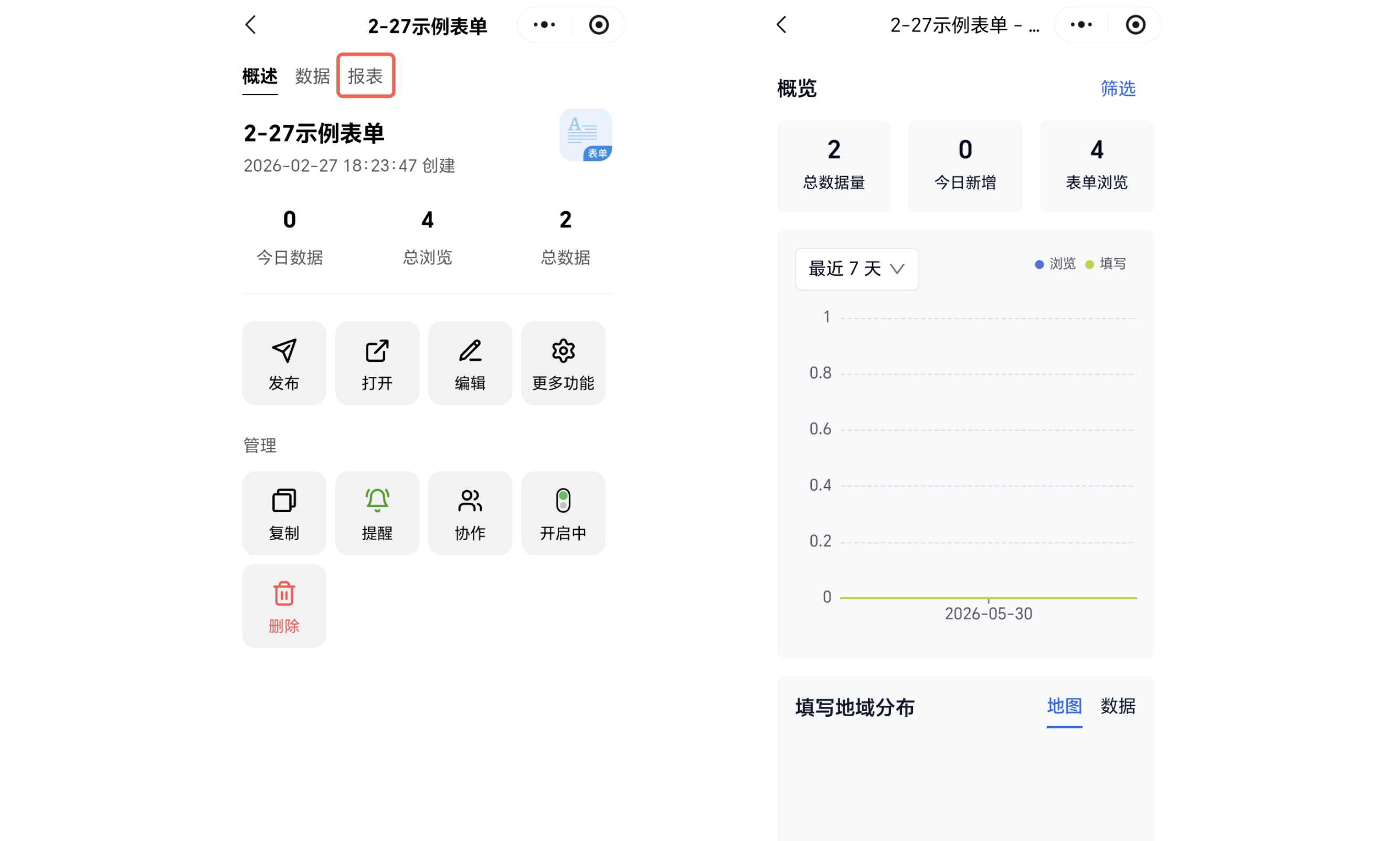 Mobile|报表|表单概述页点击左上角「报表」按钮进入报表页面,报表页显示总数据量、今日新增、表单浏览、折线图和「筛选」入口