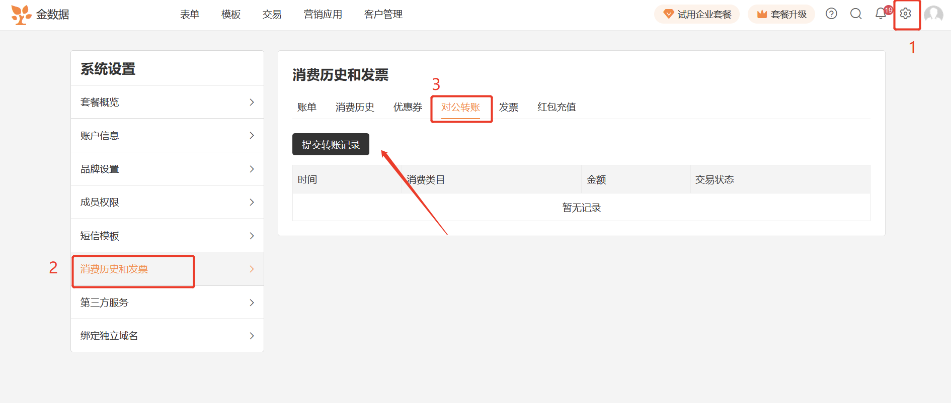 PC|套餐|在「消费历史和发票—对公转账」页面点击「提交转账记录」按钮上传转账凭证