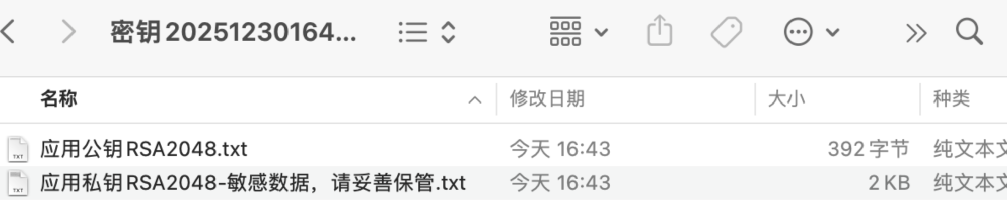 PC|本地文件管理器|「密钥20251230164...」文件夹内显示两个TXT文件:「应用公钥RSA2048.txt」(392字节)和「应用私钥RSA2048-敏感数据,请妥善保管.txt」(2KB),文件修改时间均为今天16:43