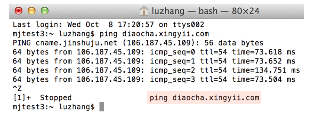 PC|终端|macOS终端窗口,用户输入命令「ping diaocha.xingyii.com」,系统返回ICMP回显响应显示目标地址已解析为「cname.jinshuju.net(106.187.45.109)」