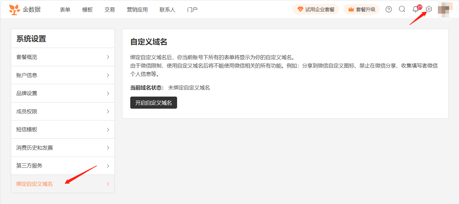 PC|系统设置|系统设置页面,左侧菜单「绑定自定义域名」被红色箭头标出,右侧主内容区显示「自定义域名」标题和说明文字,下方显示「开启自定义域名」黑色按钮