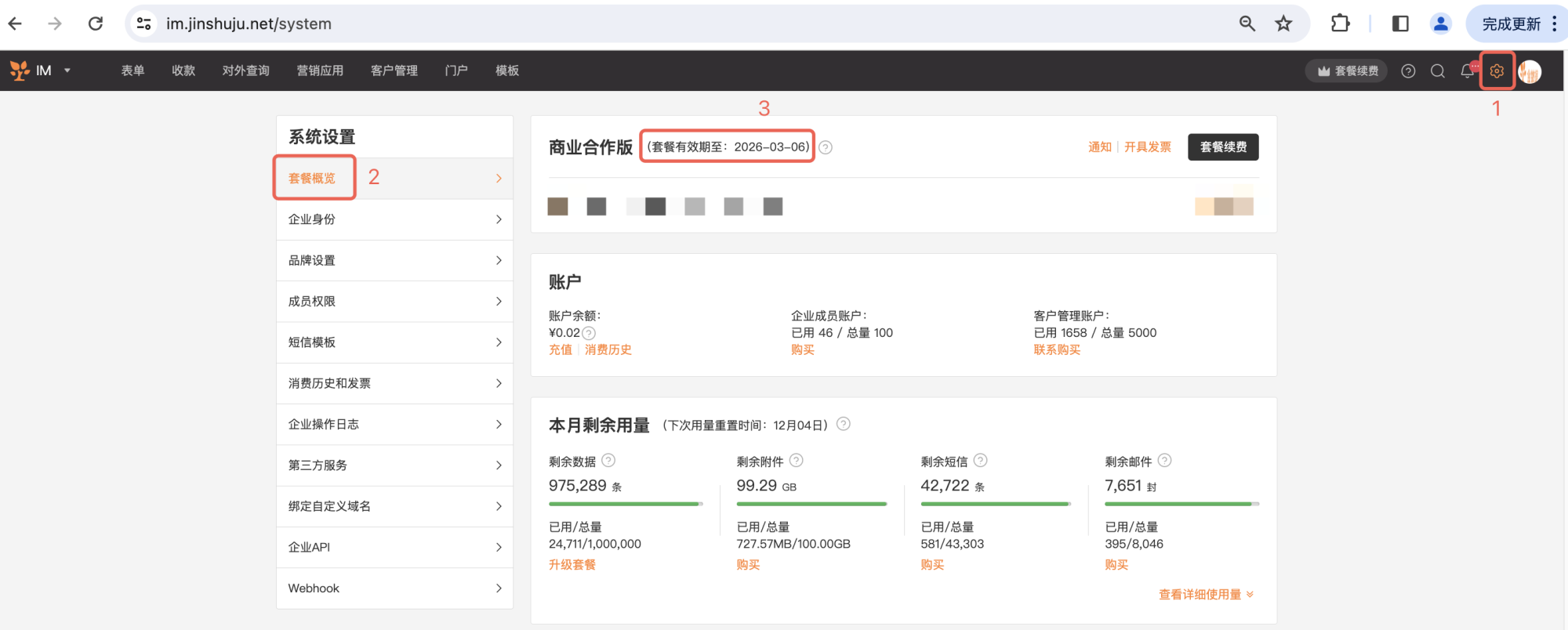 PC|套餐概览|系统设置页面,顶部导航栏包含表单收款对外查询营销应用客户管理门户模板等模块,右上角显示「套餐续费」按钮和设置齿轮图标,左侧菜单栏包含「套餐概览」企业身份品牌设置成员权限短信模板消费历史和发票企业操作日志第三方服务绑定自定义域名企业APIWebhook等选项当前选中「套餐概览」橙色高亮,右侧「商业合作版」区域套餐有效期显示「套餐有效期至:2026-03-06」橙色框突出显示旁边显示「通知」「开具发票」「套餐续费」按钮,下方显示账户余额企业成员账户客户管理账户的用量及购买入口,「本月剩余用量」显示数据附件短信邮件剩余量及用量进度条分别显示「升级套餐」「购买」按钮