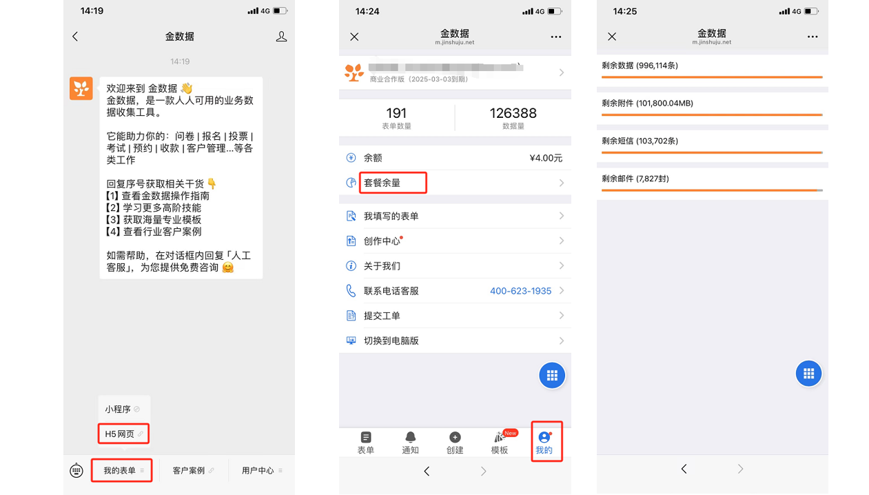 App|系统设置|H5网页我的页面和套餐余量页面,左侧显示商业合作版2025-03-03到期标识表单数量数据量余额¥4.00元,「套餐余量」入口红框高亮,右侧显示套餐余量详情包含剩余数据996114条剩余附件101800.04MB剩余短信103702条剩余邮件7827封,各项资源用量以进度条和数字形式展示