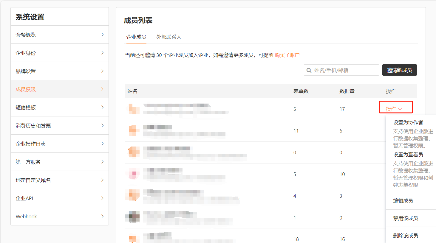 PC|成员权限|企业成员列表点击「操作」下拉菜单显示「设置为协作者」「编辑成员」「禁用该成员」「删除该成员」