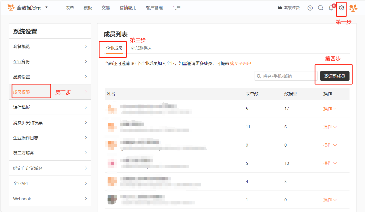 PC|成员权限|「系统设置——成员权限——企业成员」页面点击「邀请新成员」按钮